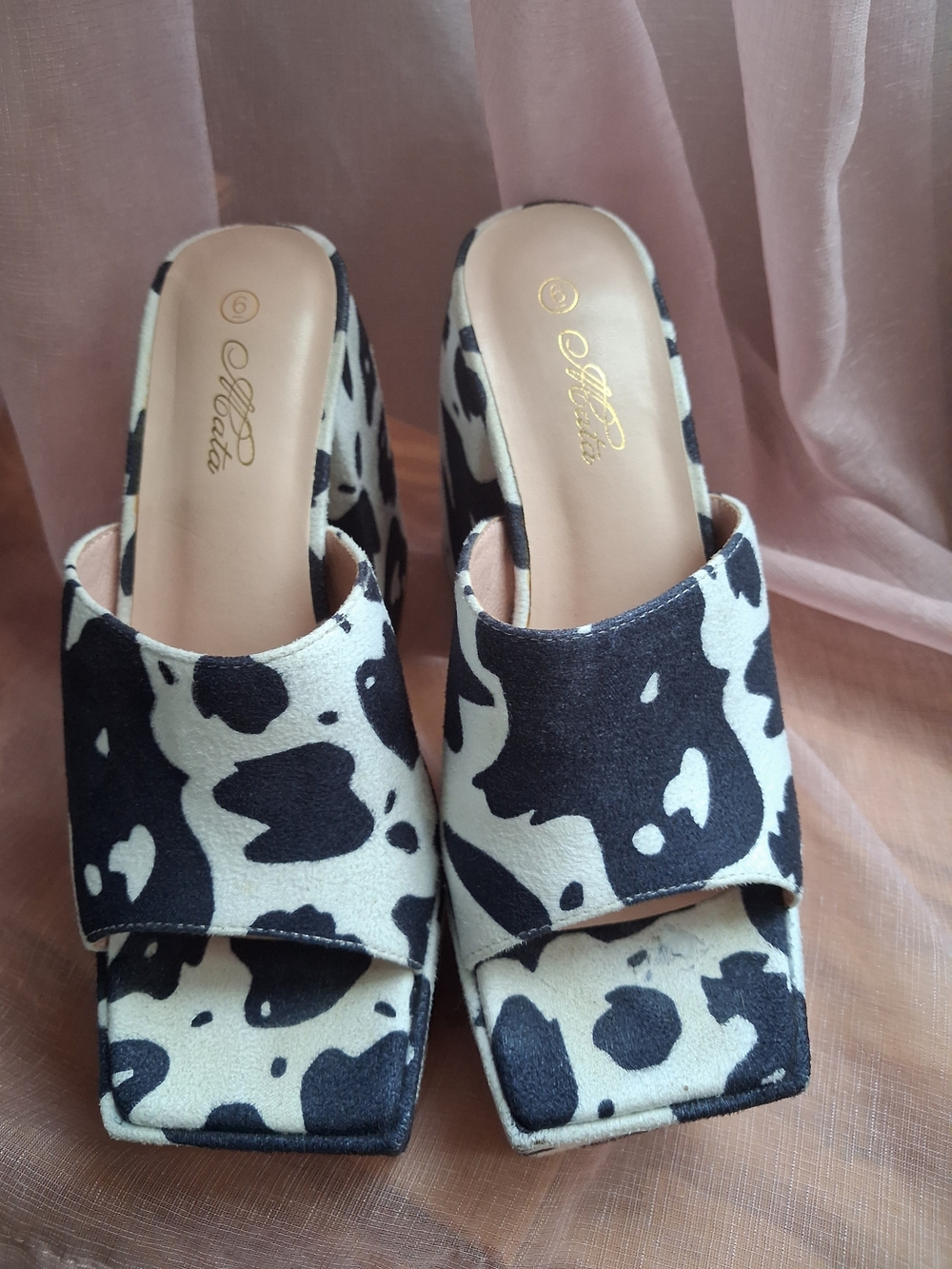 Black & White Cow-Print Mule Sandals